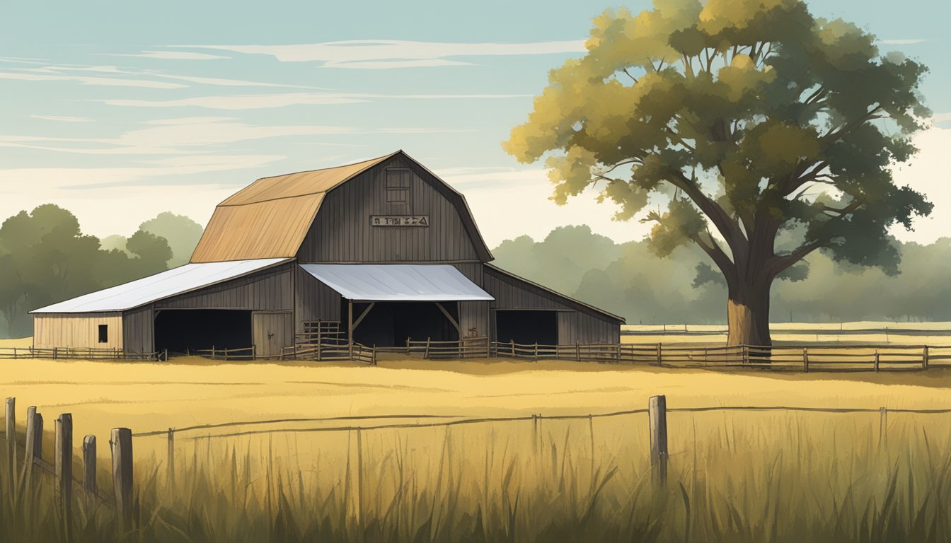 A rustic barn surrounded by fields and grazing livestock, with a sign indicating "San Jacinto County Texas Ag Exemption" prominently displayed