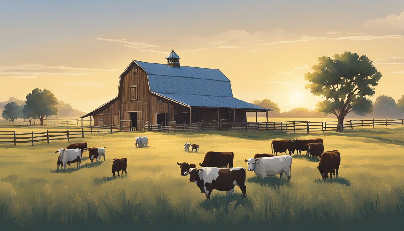 A sprawling Texas ranch with cattle grazing in the fields, a rustic barn, and a clear blue sky overhead