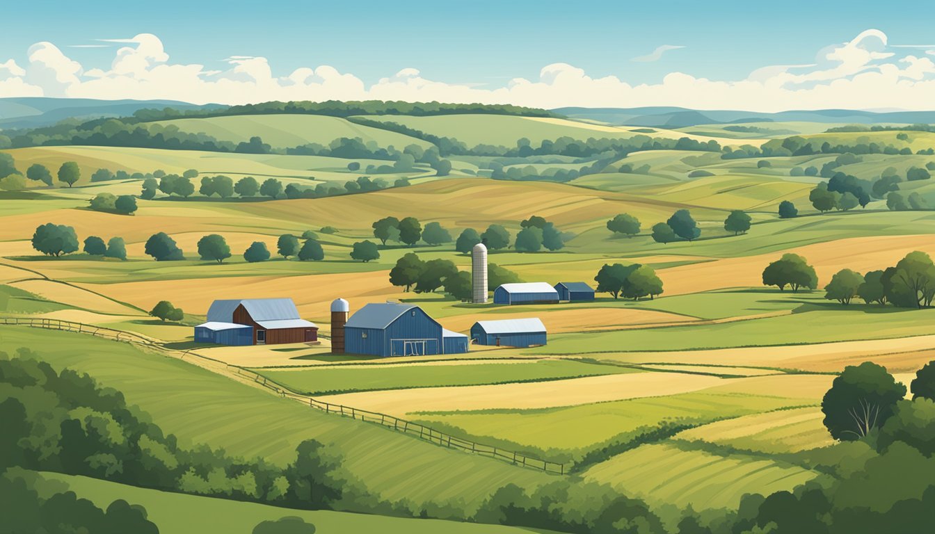 A sprawling farm in Rusk County, Texas, with fields of crops and grazing livestock, surrounded by rolling hills and a clear blue sky