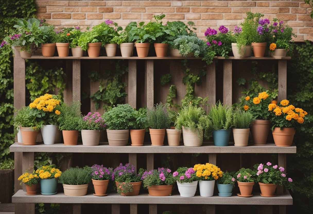 A variety of outdoor planters arranged on a patio, including hanging baskets, terracotta pots, and wooden crates filled with colorful flowers and greenery