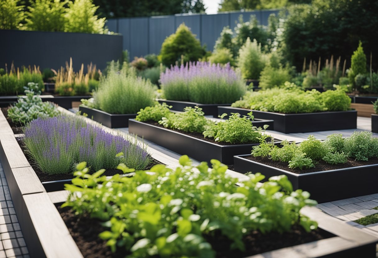 A tiered herb garden with various plants and flowers in outdoor planters