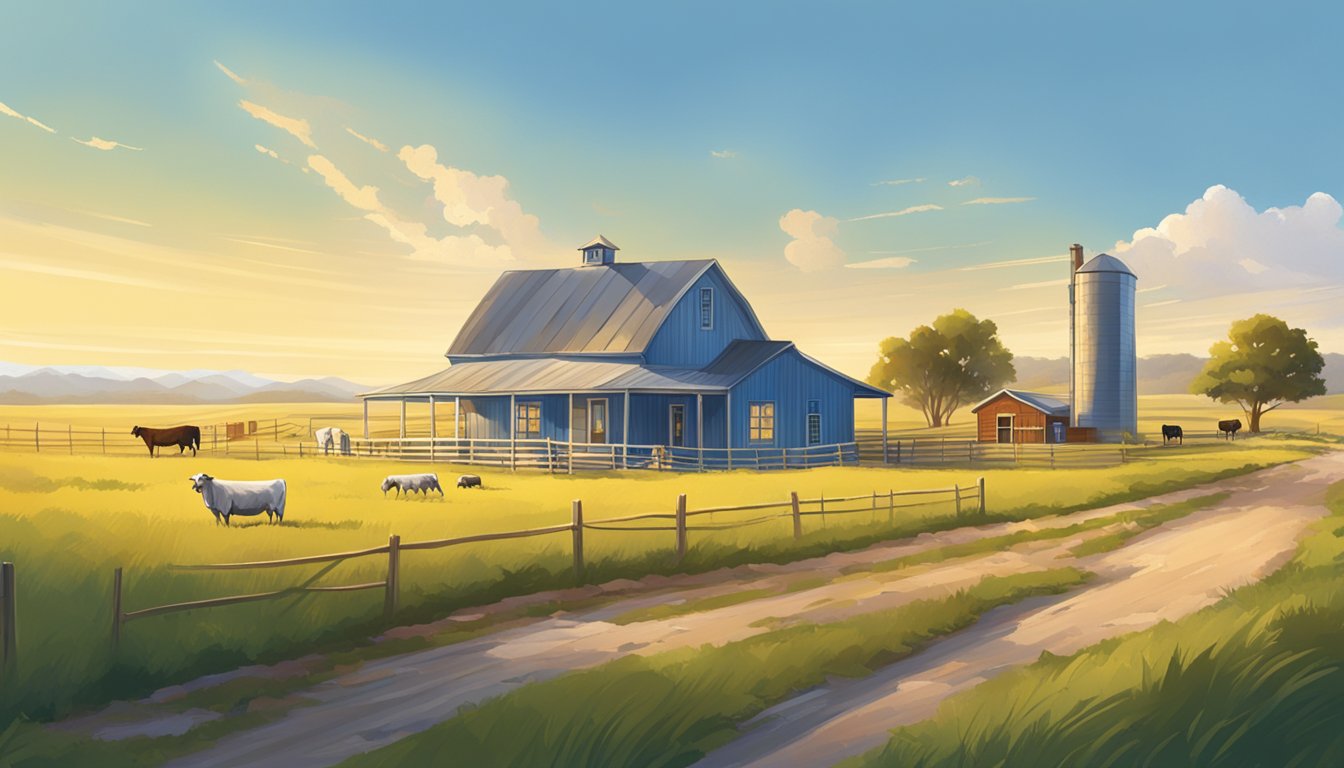 A rural Texas landscape with a farmhouse, fields, and livestock, featuring a clear blue sky and a warm, sunny day