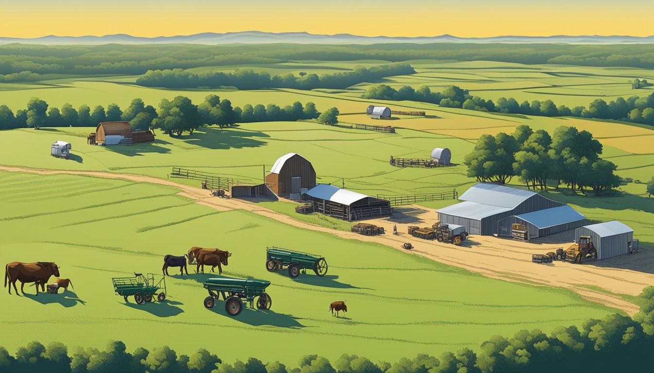 A sprawling ranch in Rusk County, Texas, with rolling pastures, grazing cattle, and farm equipment, symbolizing the economic benefits of agricultural exemptions