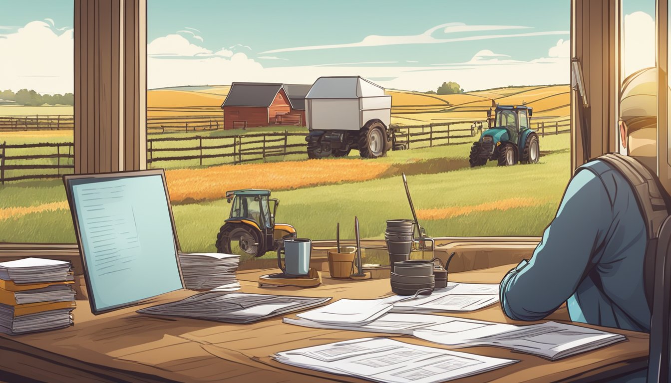 A farmer filling out paperwork at a desk with a stack of documents and a pen, surrounded by agricultural equipment and livestock