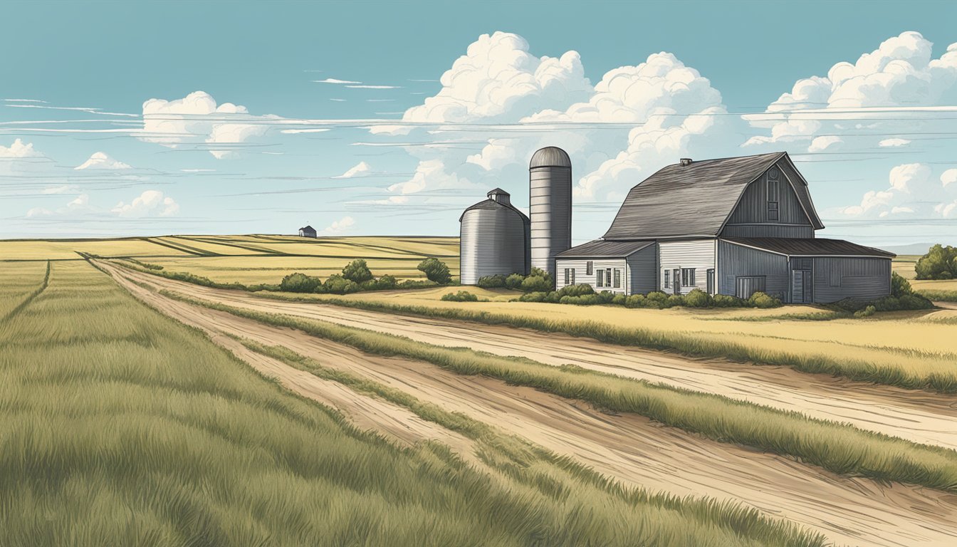 A rural landscape with a farmhouse, barn, and fields of crops under a clear blue sky in Randall County, Texas