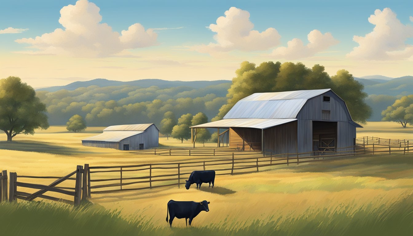 A rustic farm in Rusk County, Texas with a barn, grazing cattle, and fields of crops, surrounded by rolling hills and a clear blue sky