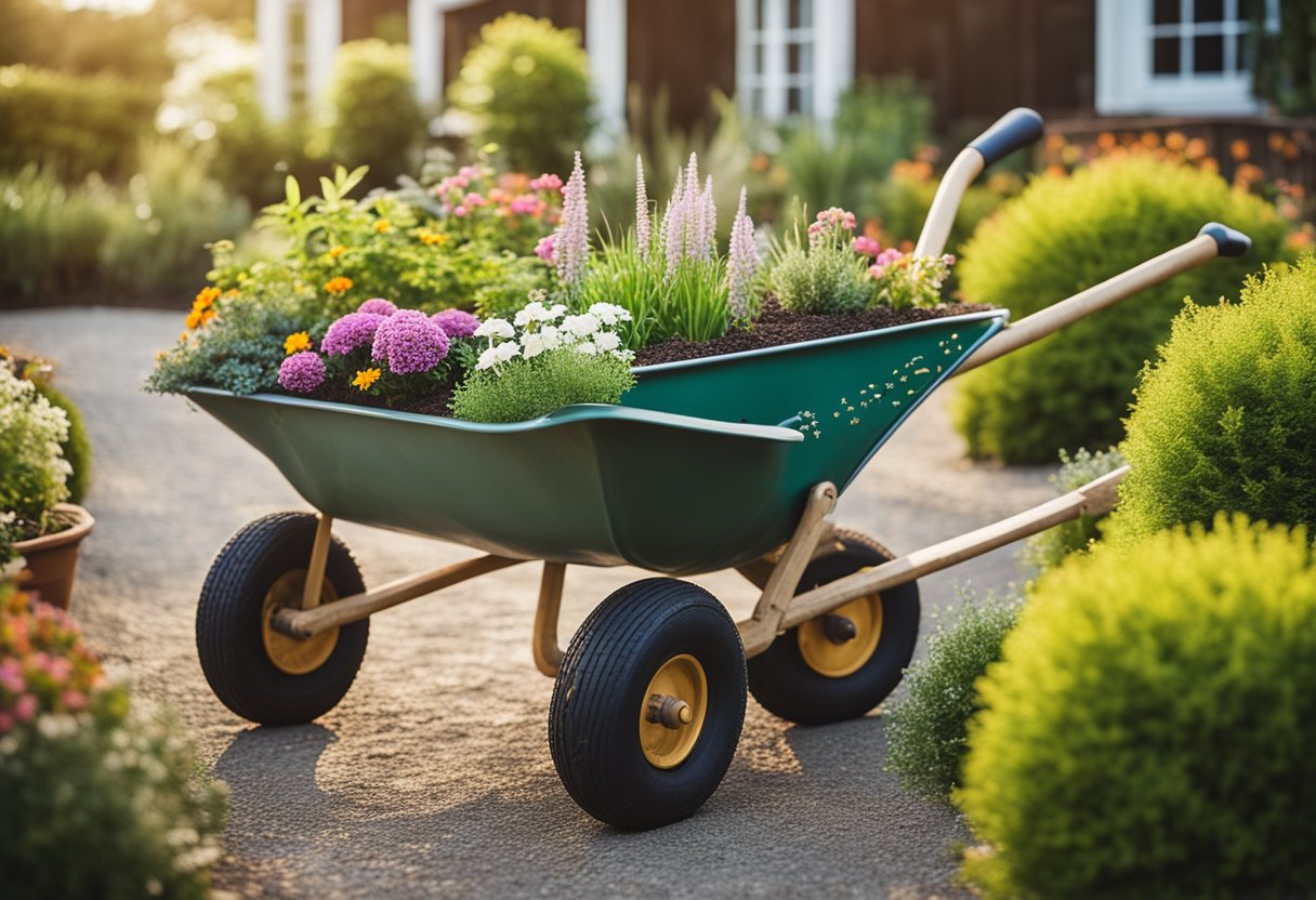 A rustic wheelbarrow filled with plants and flowers sits among a variety of outdoor planter ideas, creating a charming and natural display