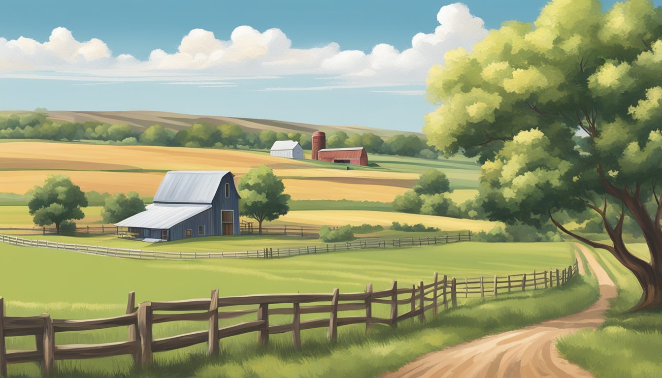 A rural landscape with a farmhouse, barn, and fields in Randall County, Texas, with a clear sky and a few scattered clouds