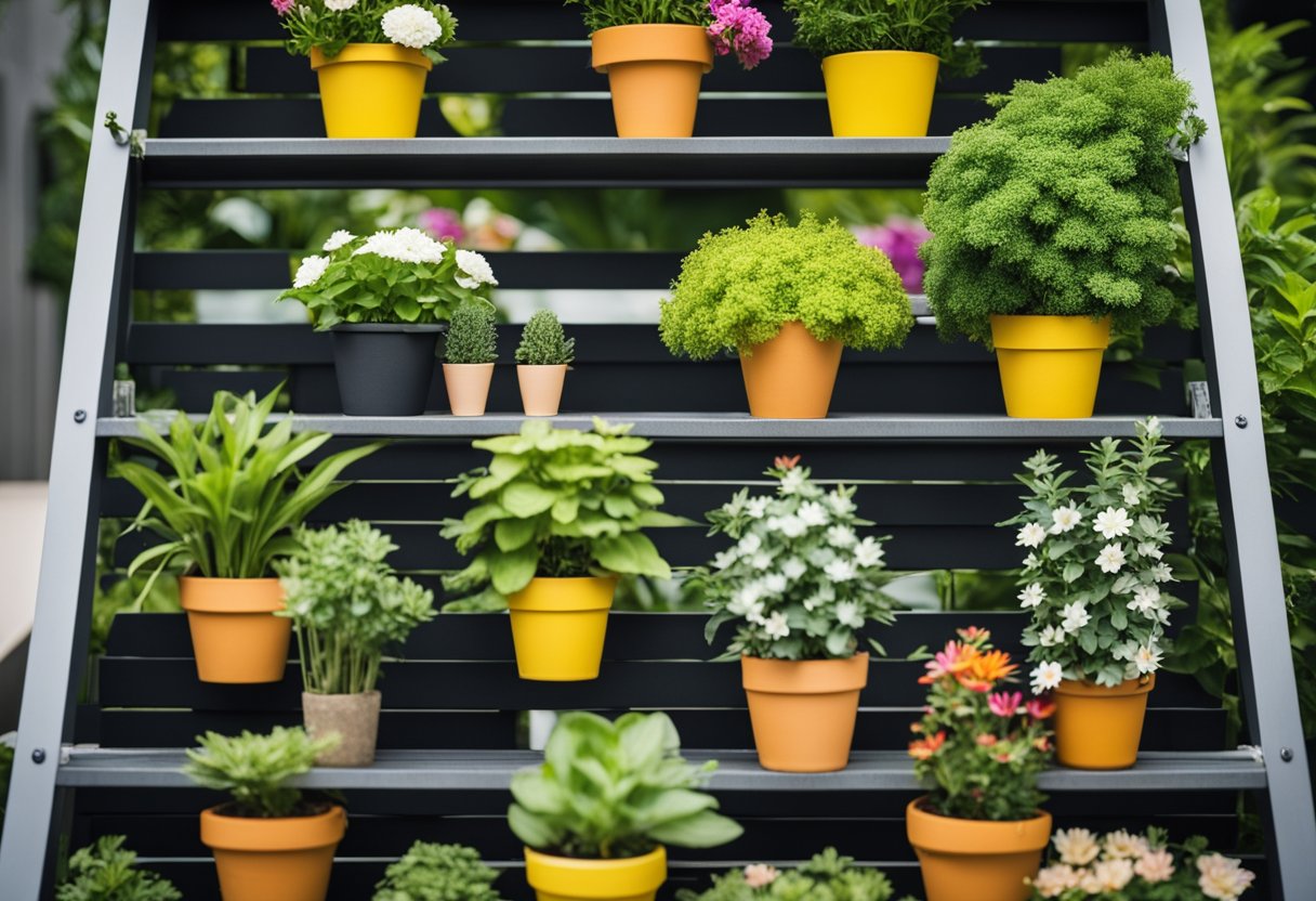 A chic ladder garden with 15 unique outdoor planters arranged on various levels, filled with a vibrant assortment of flowers and greenery