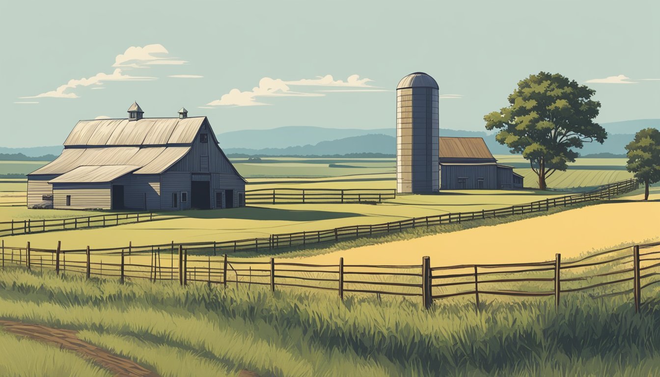 A rural landscape with a farmhouse, barn, and fields of crops or grazing livestock, under a clear sky in Rusk County, Texas