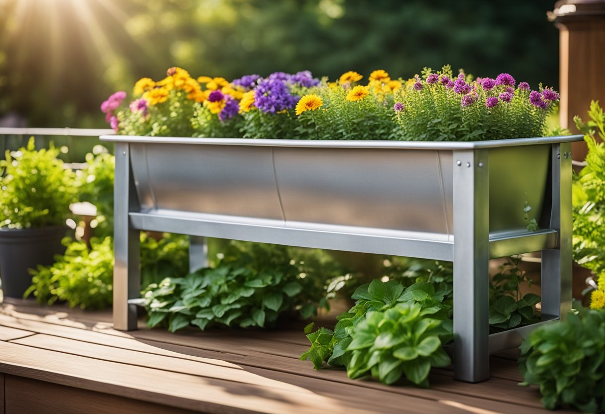 A galvanized metal trough planter sits on a wooden deck, surrounded by lush green plants and colorful flowers. The sun shines down, casting a warm glow on the outdoor space