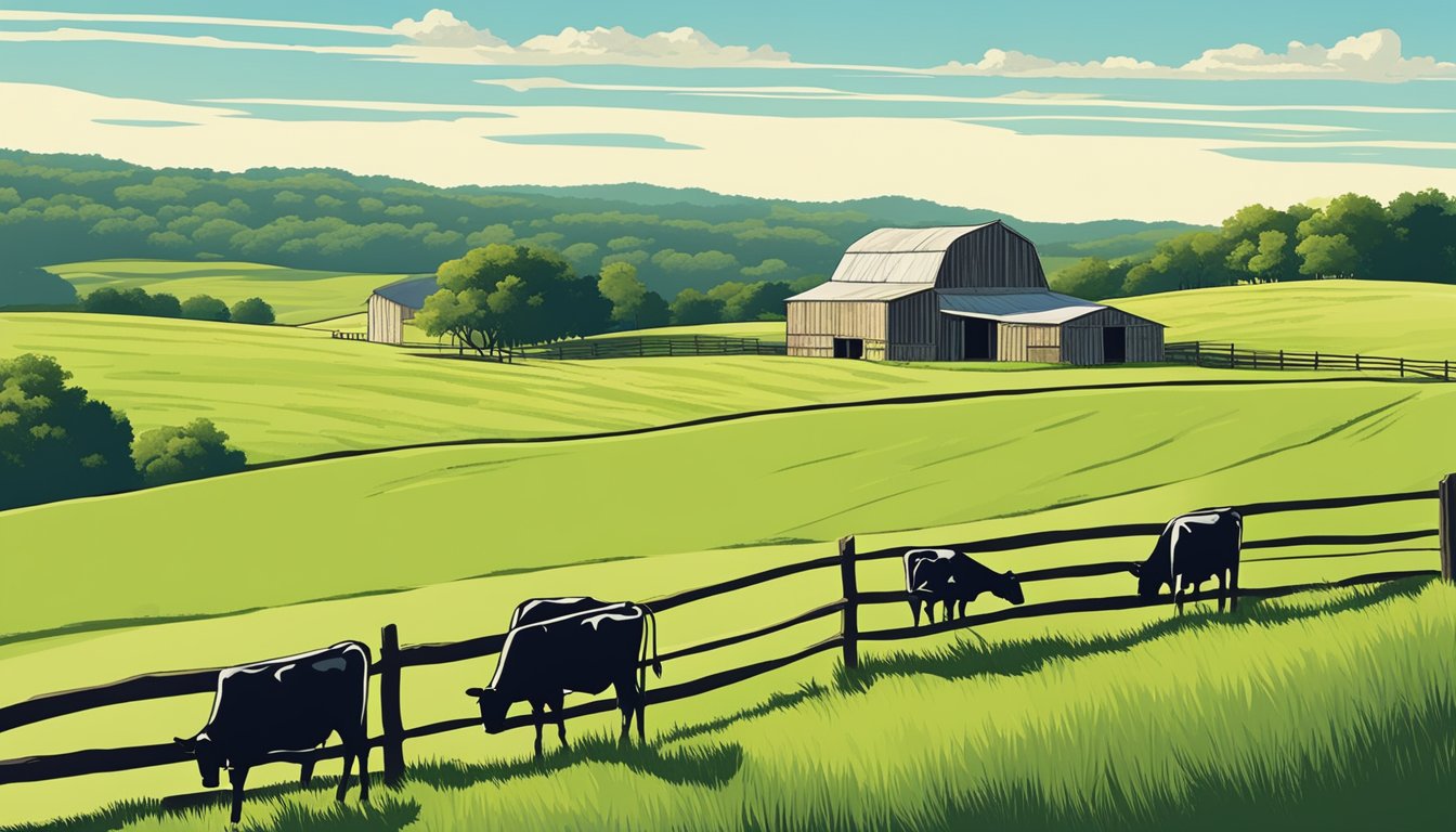 Rolling hills of green pastures with grazing cattle, a rustic barn, and a clear blue sky in Rusk County, Texas