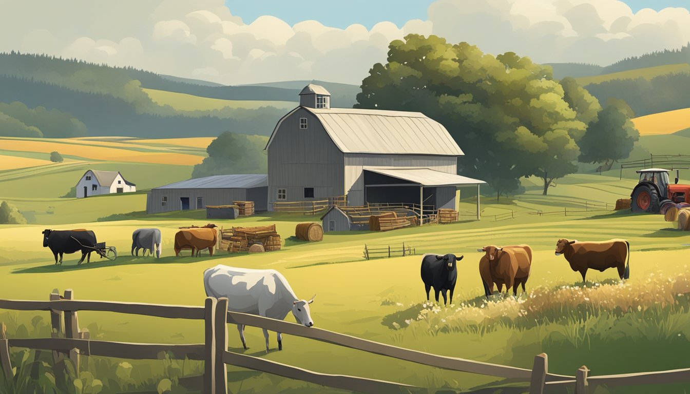 A rural scene with a farmhouse, barn, and fields, surrounded by grazing livestock and agricultural equipment