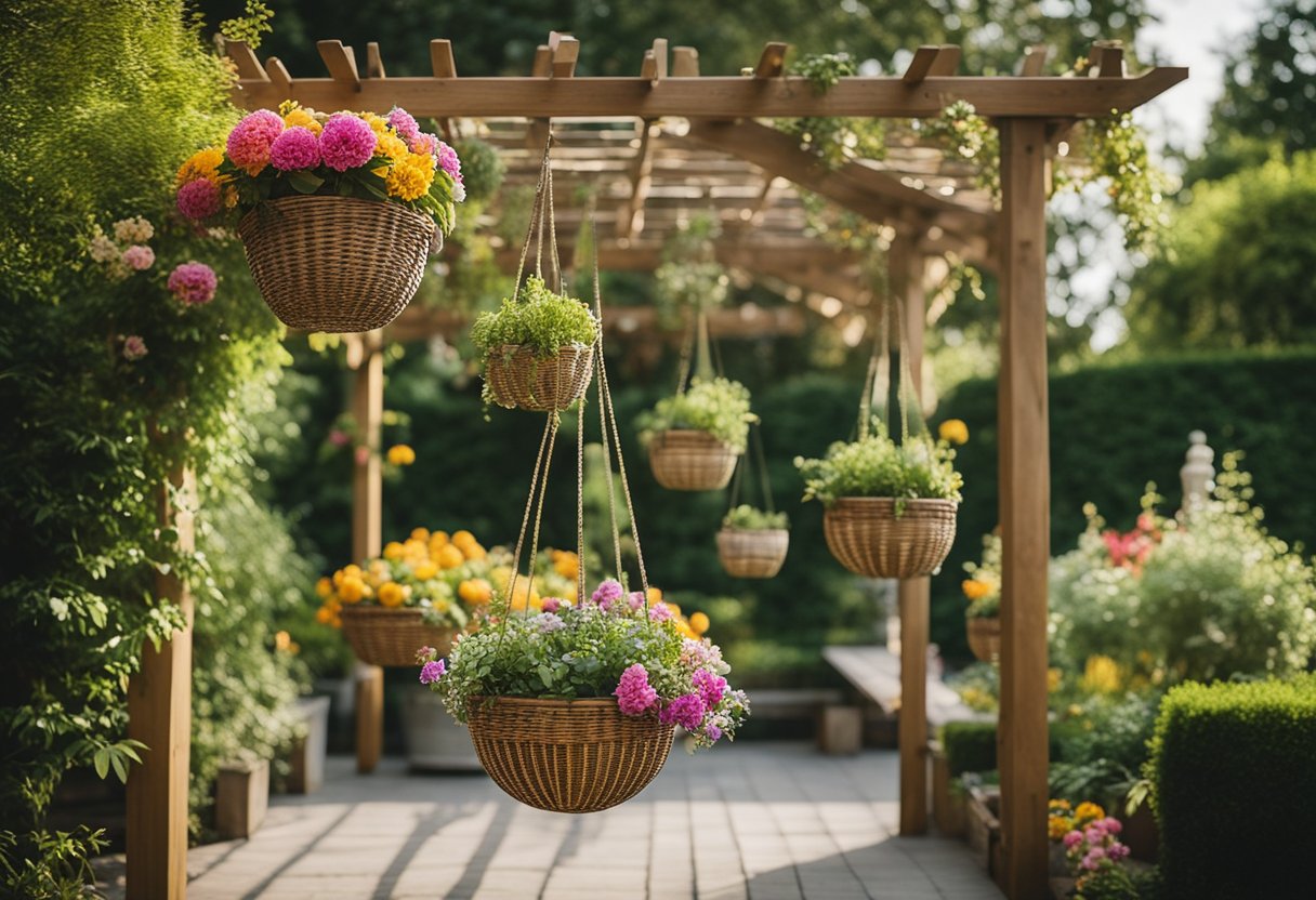 A variety of woven basket planters hang from a wooden pergola, surrounded by lush greenery and colorful flowers in a well-kept outdoor garden