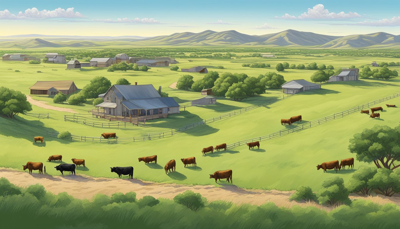 A sprawling ranch in Randall County, Texas, with cattle grazing in lush green pastures, under a clear blue sky