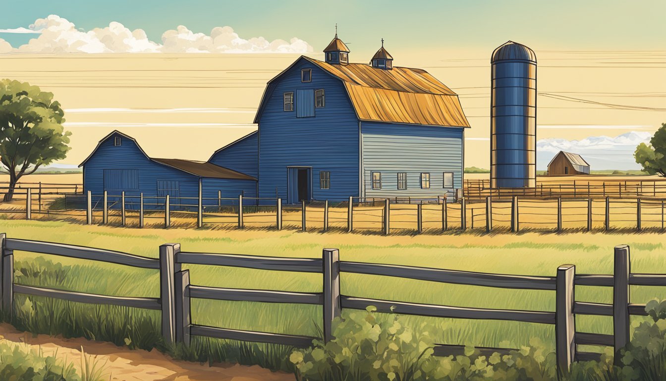 A rural landscape in Randall County, Texas, with a farmhouse, barn, and fields of crops, surrounded by fences and a clear blue sky