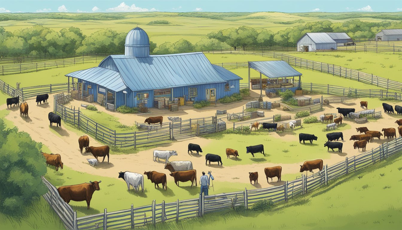 A sprawling Texas ranch with cattle grazing under a bright blue sky, surrounded by fences and marked with signs indicating ag exemption