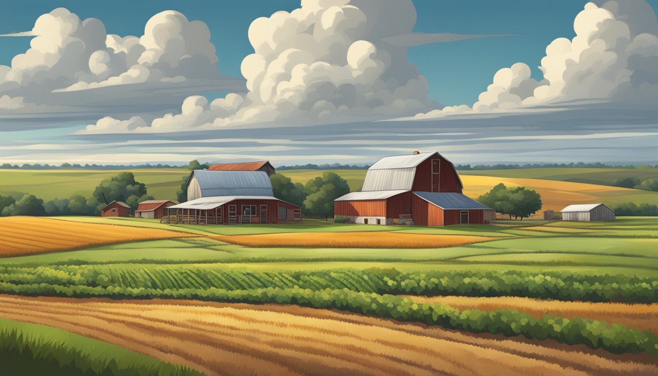 A rural Texas landscape with a farmhouse, barn, and fields of crops under a cloudy sky