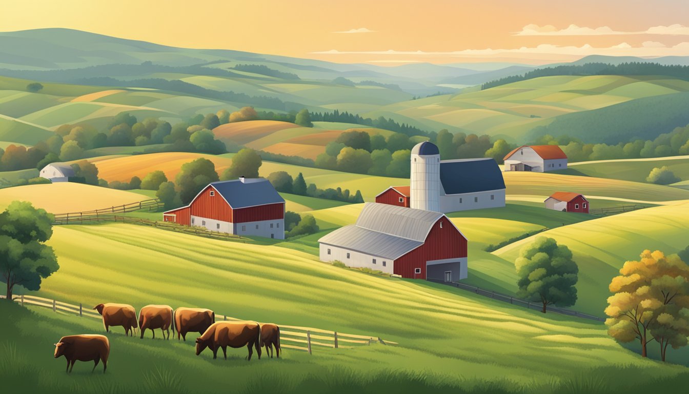 A rural landscape with a farmhouse, barn, and fields of crops surrounded by rolling hills and grazing livestock