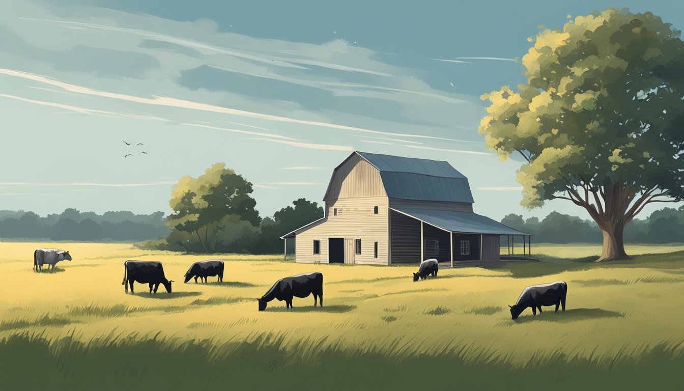 A rural landscape with a farmhouse, barn, and grazing livestock under a clear sky in Rains County, Texas