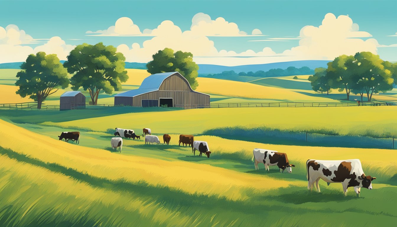 Rolling hills of farmland in Robertson County, Texas. Cattle grazing in open fields, barns and silos dot the landscape under a bright blue sky