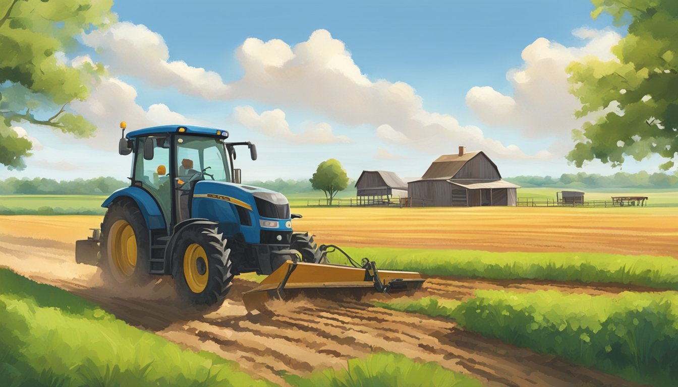 A sunny field in rural Texas, with a tractor plowing the land and a farmhouse in the background