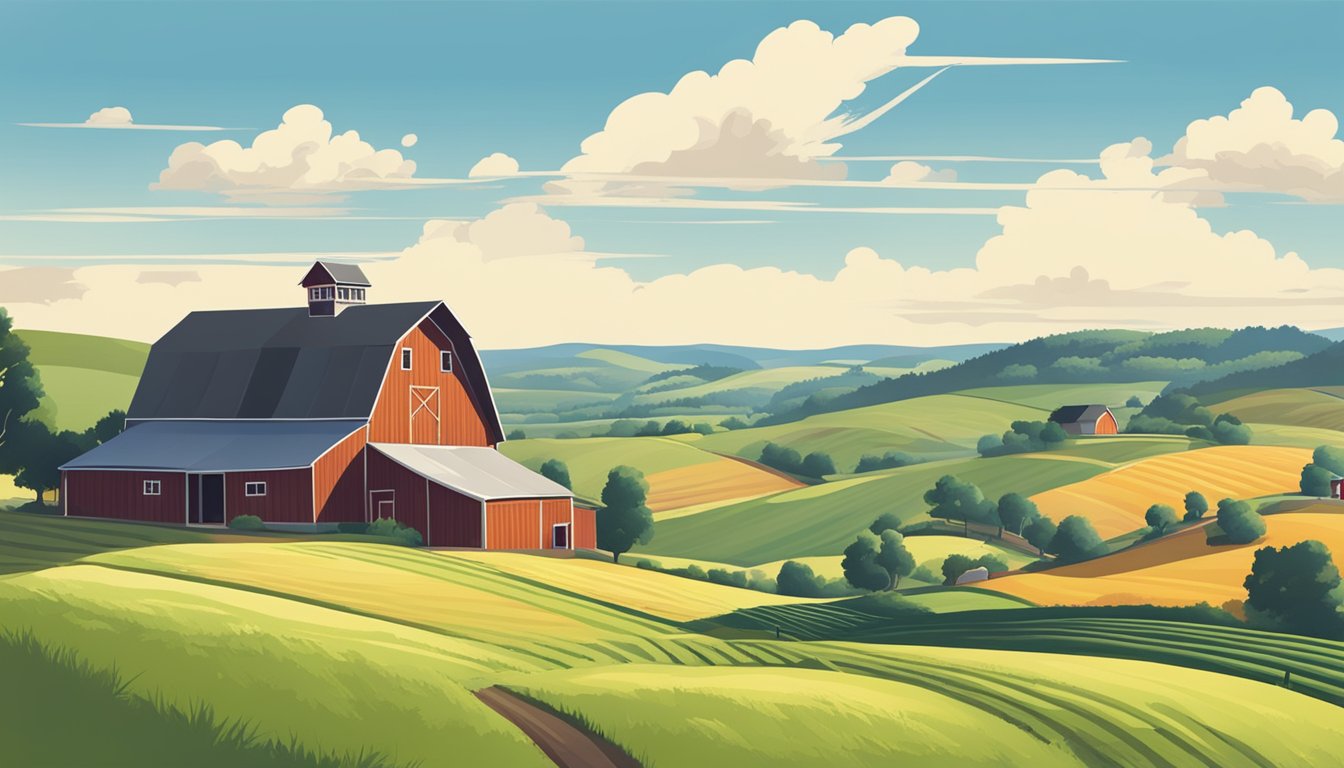 A rural landscape with a farmhouse, barn, and fields surrounded by rolling hills and a clear blue sky