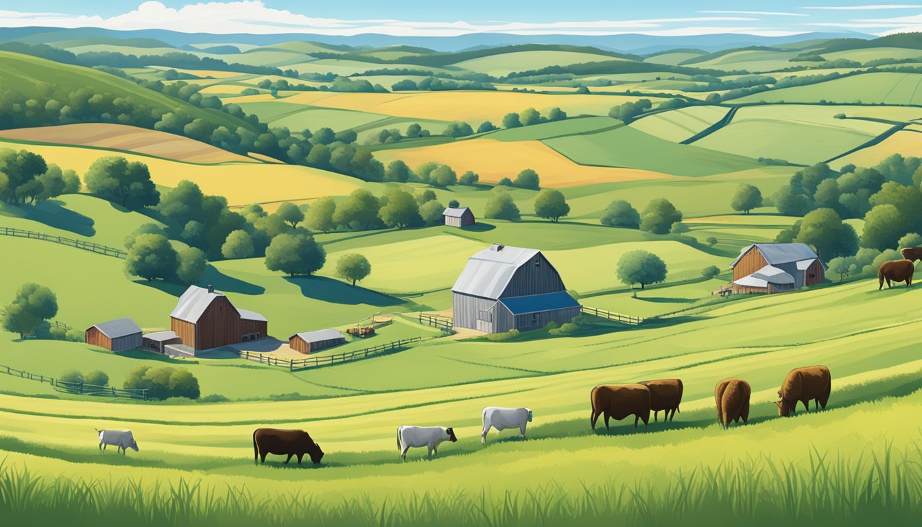 An open field with a farmhouse, barn, and grazing livestock surrounded by rolling hills and a clear blue sky