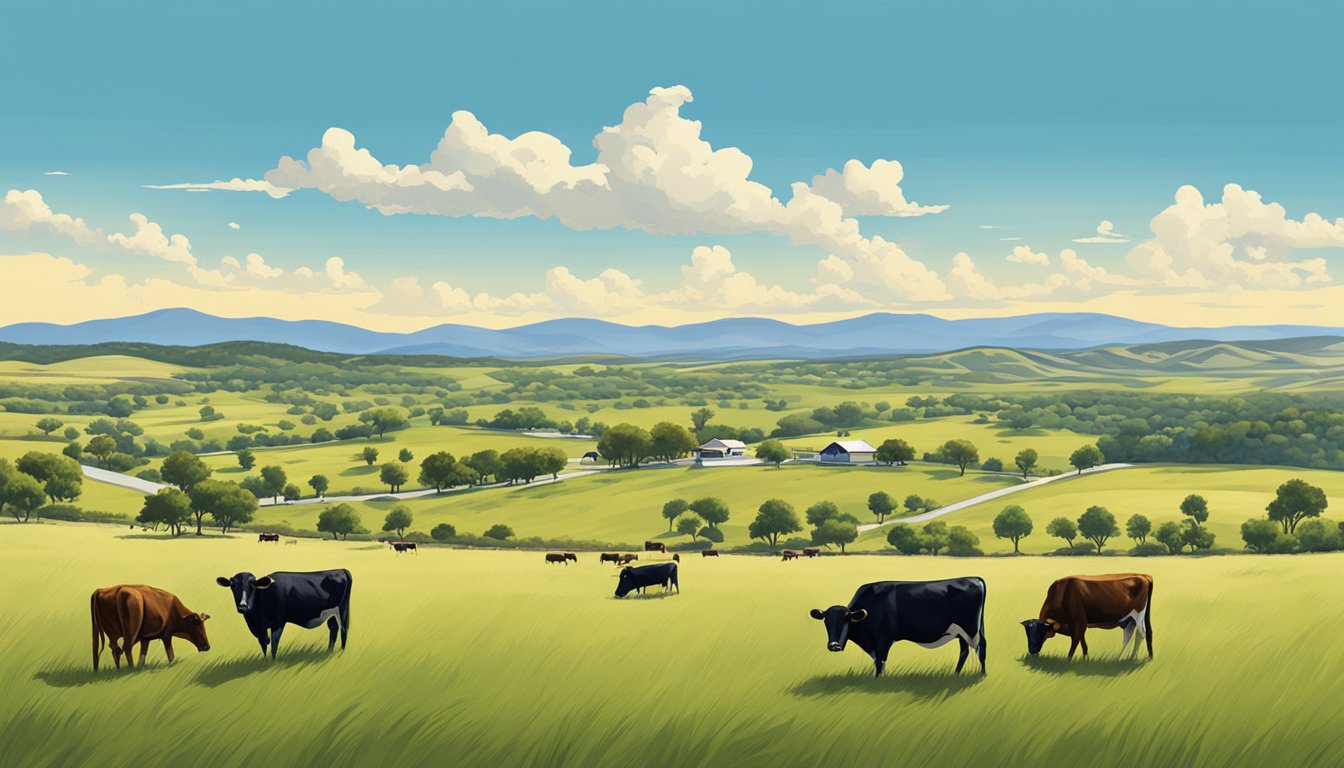 A sprawling ranch in Robertson County, Texas, with cattle grazing in the fields, surrounded by rolling hills and a clear blue sky