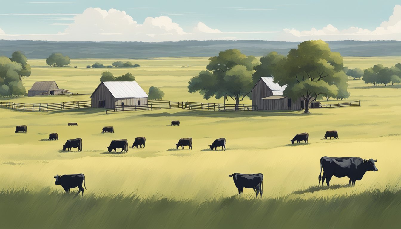 A vast, open field in Potter County, Texas, with cattle grazing and a farmhouse in the distance