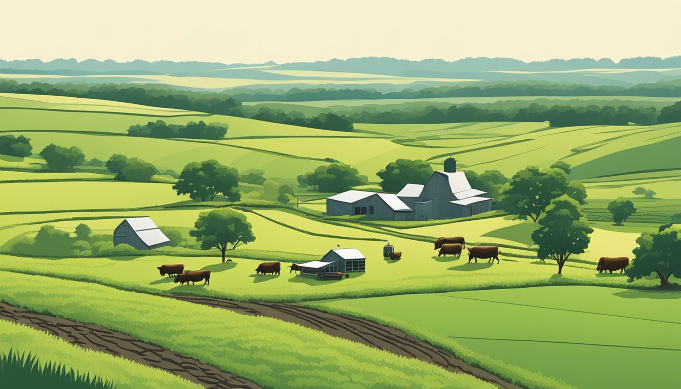 Rolling hills of green farmland in Rains County, Texas. Cattle grazing, tractors working the fields, and a farmhouse in the distance