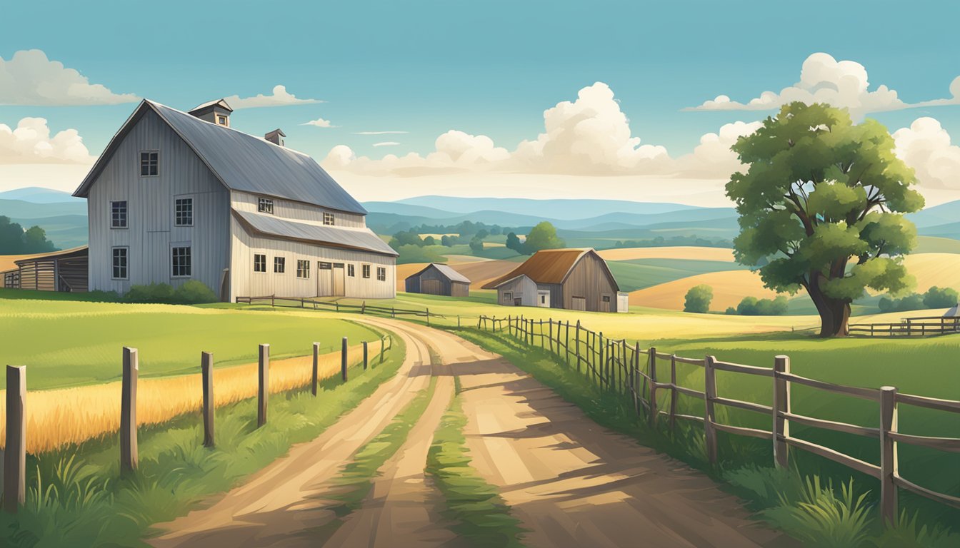 A rural landscape with a farmhouse, barn, and fields under a clear blue sky