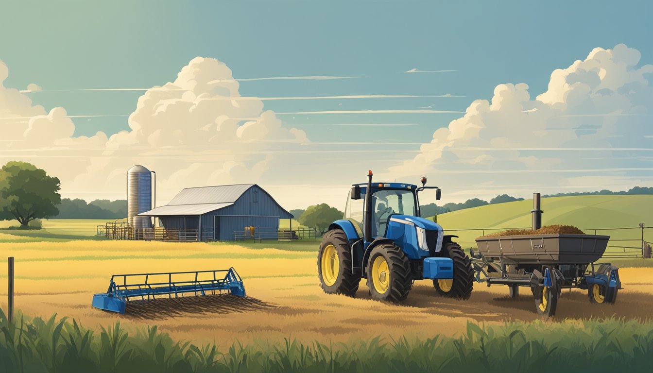 A rural landscape with a farm, livestock, and agricultural equipment under a clear sky in Rains County, Texas