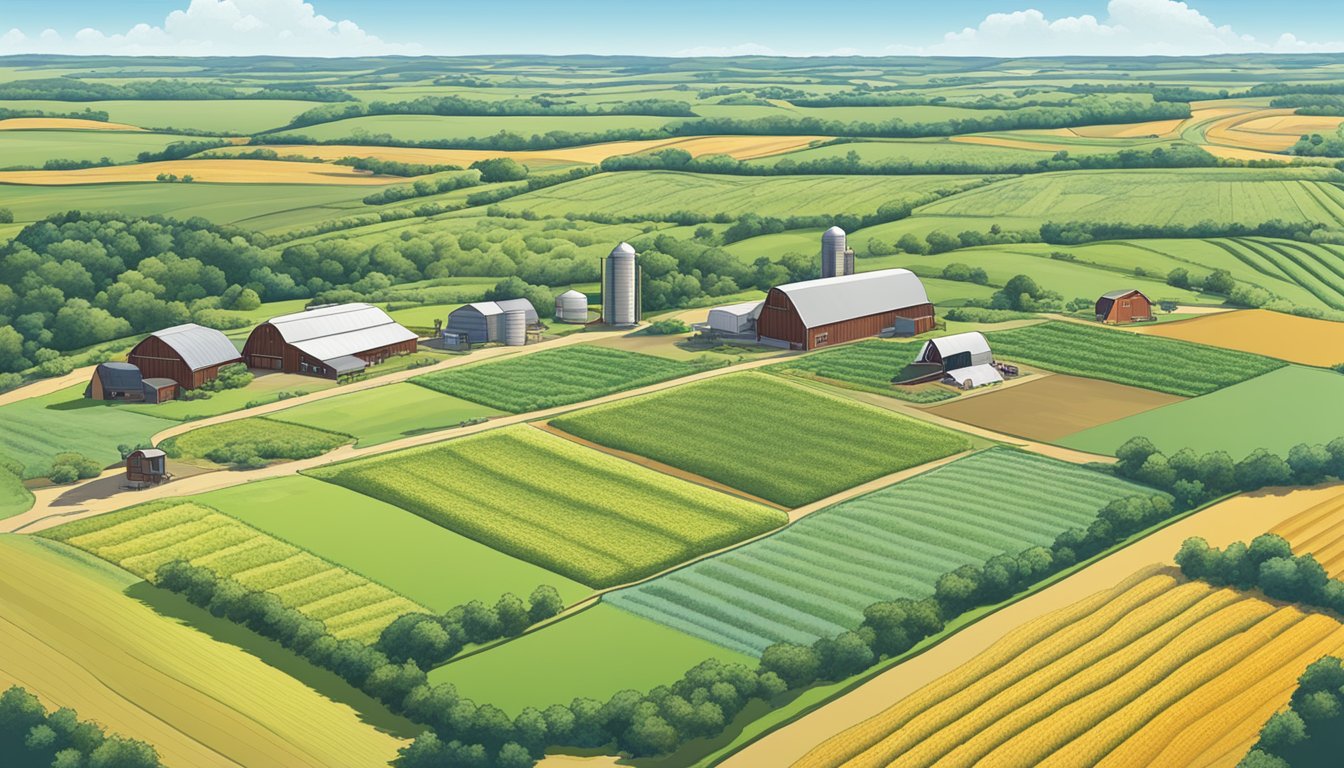 A sprawling farm in Robertson County, Texas, with rolling fields of crops and grazing livestock, under a clear blue sky