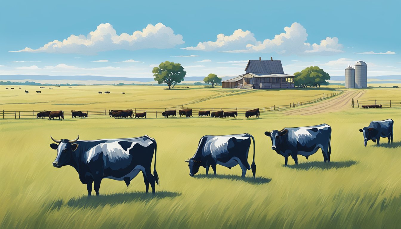 A vast, open field in Potter County, Texas, with grazing cattle and a farmhouse in the distance, under a clear blue sky