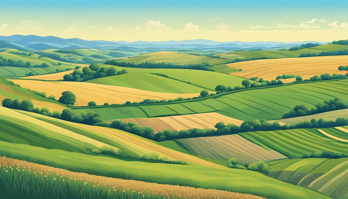 Rolling hills of farmland in Potter County, Texas, with rows of crops and grazing livestock, under a clear blue sky