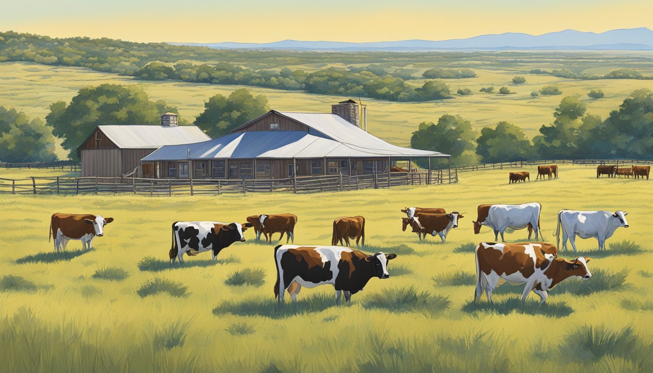 A sprawling ranch in Potter County, Texas, with cattle grazing in a vast open field under a clear blue sky