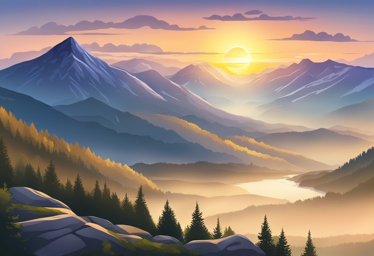 Digital art of a sunset over mountains and valley with river in the fall.