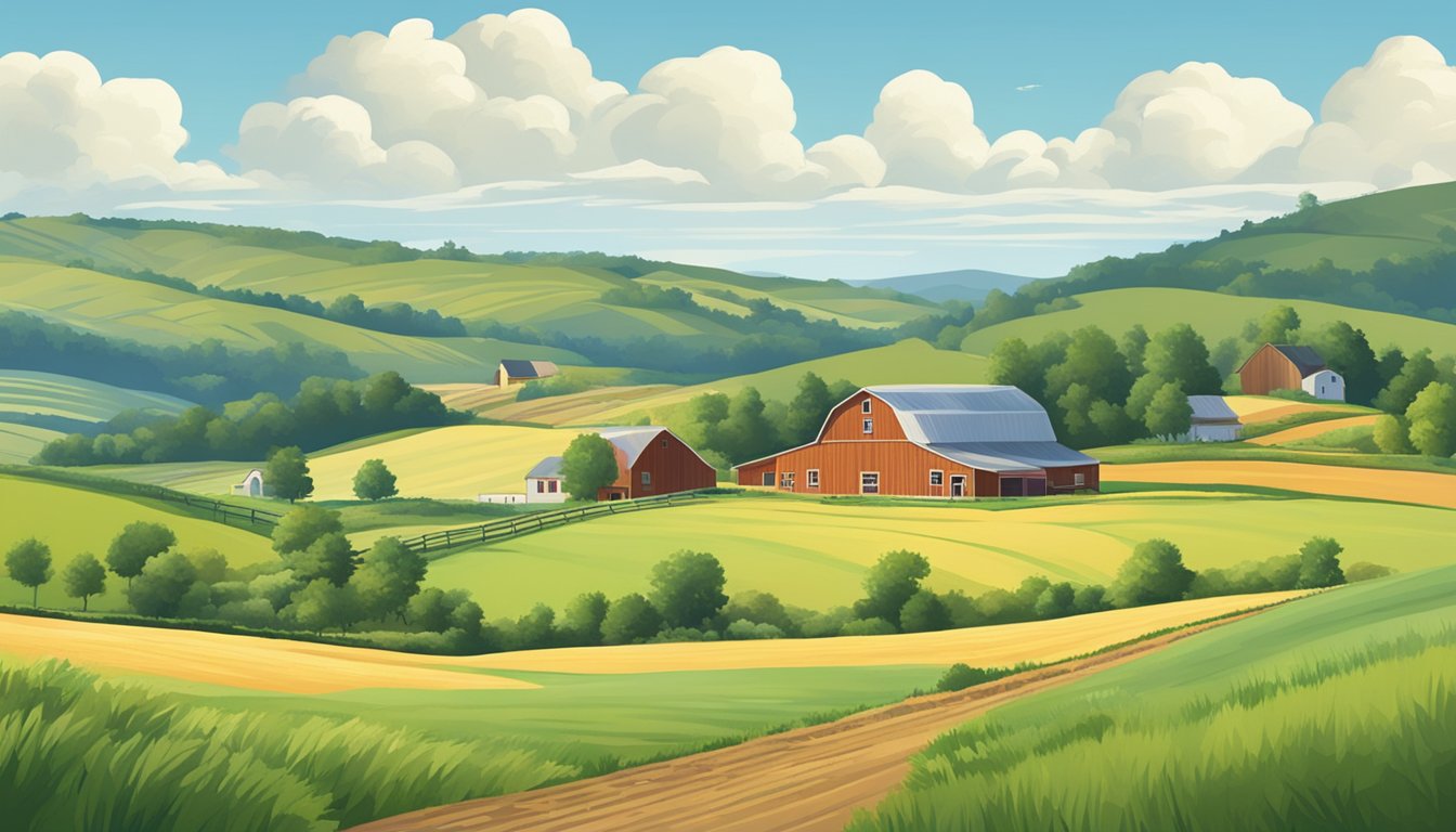 A rural landscape with a farmhouse, barn, and fields, surrounded by rolling hills and a clear blue sky