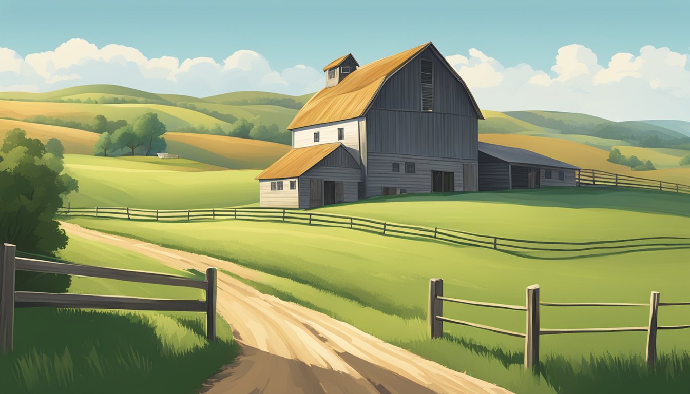 A serene rural landscape with a farmhouse, barn, and fields, surrounded by rolling hills and a clear blue sky