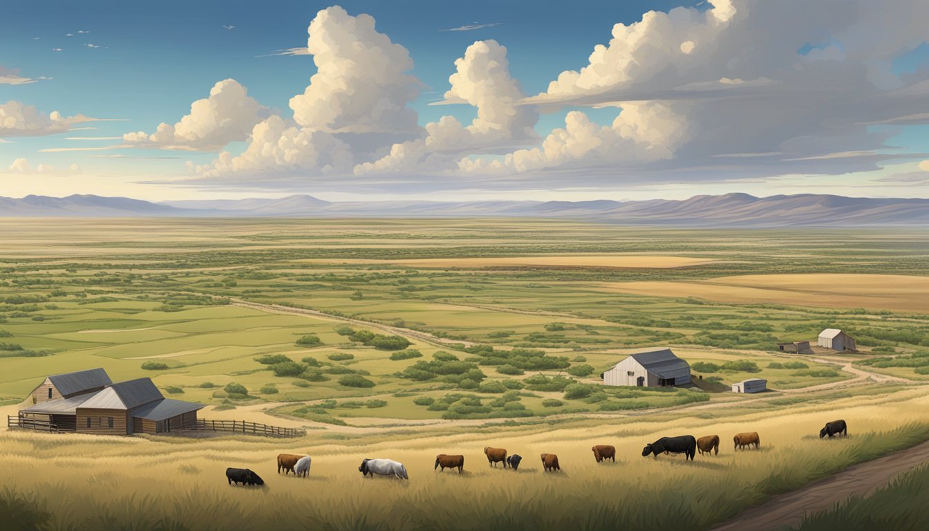 A sprawling ranch in Reeves County, Texas, with vast fields of crops and livestock grazing under the open sky