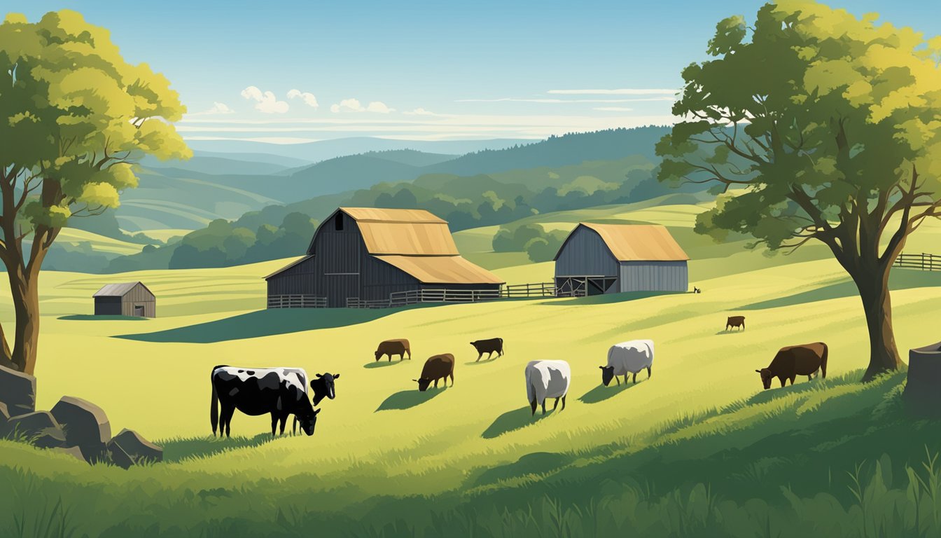 A serene countryside scene with rolling hills, a rustic barn, and grazing livestock under a clear blue sky