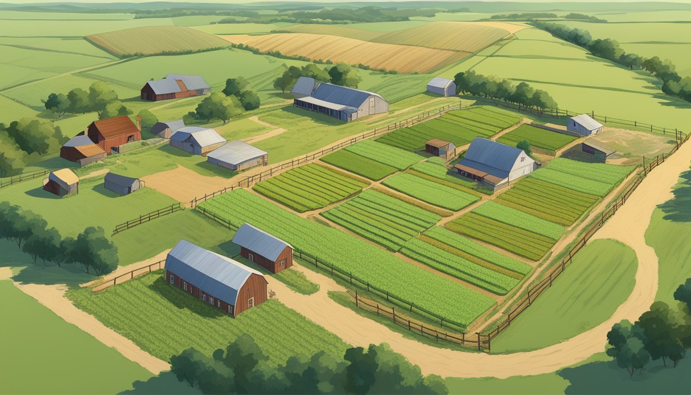 A sprawling farm in Parmer County, Texas, with fields of crops and grazing livestock, surrounded by a fence and a farmhouse