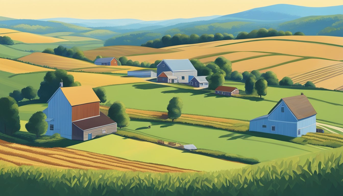 Rolling hills of farmland under a clear blue sky, with a small farmhouse and barn in the distance. A government vehicle is parked nearby, indicating support for agricultural exemption