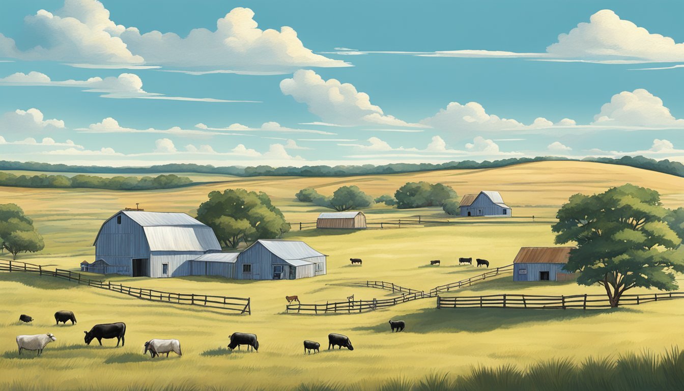 A rural landscape with open fields, a farmhouse, and livestock grazing under a clear blue sky in Parmer County, Texas