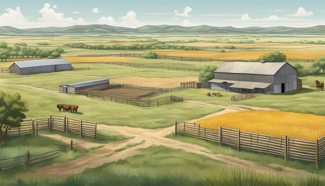 A sprawling ranch in Parmer County, Texas, with fields of crops and grazing livestock, surrounded by a fence and marked with agricultural exemption signs