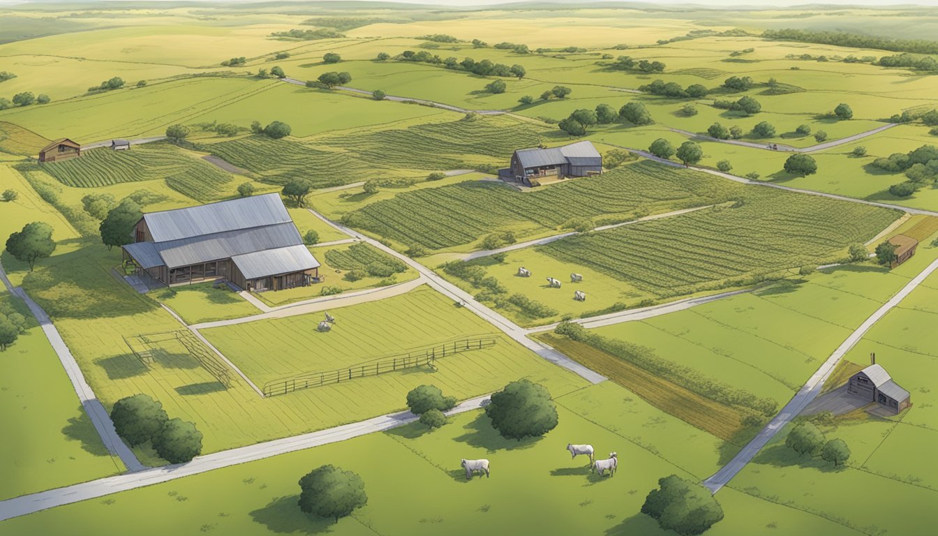 A sprawling ranch in Parmer County, Texas, with rolling fields and grazing livestock, surrounded by fences and marked with agricultural exemption signs