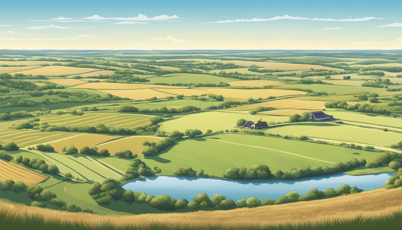 A sprawling ranch in Parker County, Texas, with rolling fields of crops and grazing livestock, under a clear blue sky