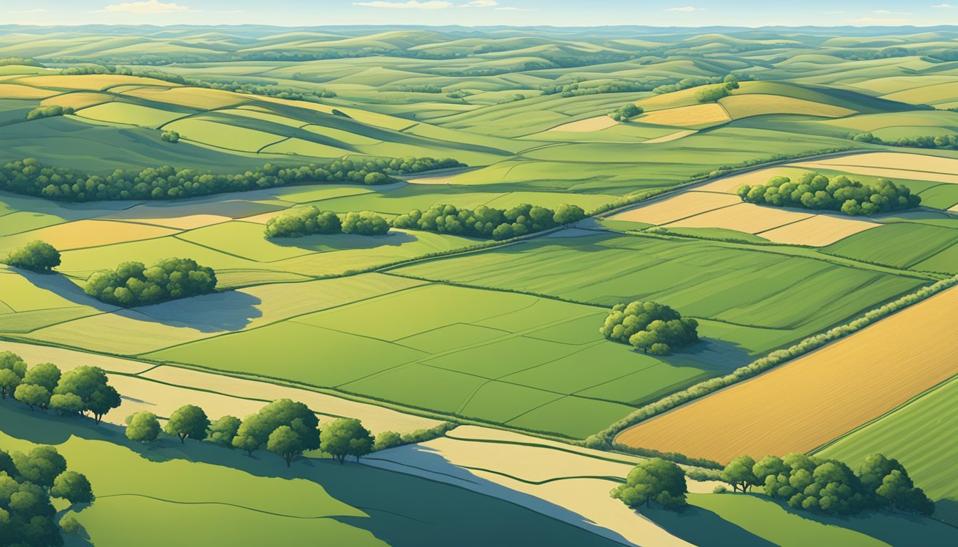 A sprawling rural landscape in Parker County, Texas, with vast fields of crops and grazing livestock, surrounded by rolling hills and a clear blue sky