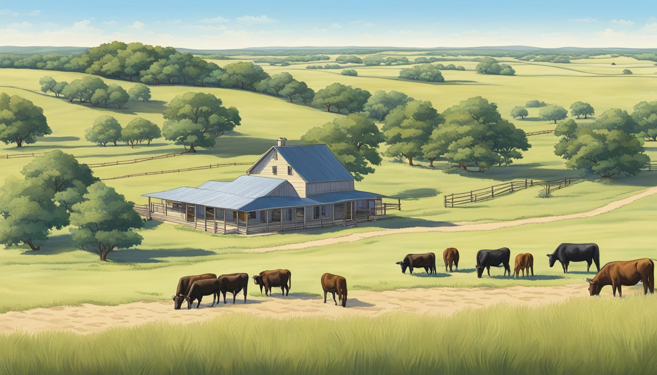 A ranch in Parker County, Texas with a sprawling field, grazing cattle, a farmhouse, and a clear blue sky